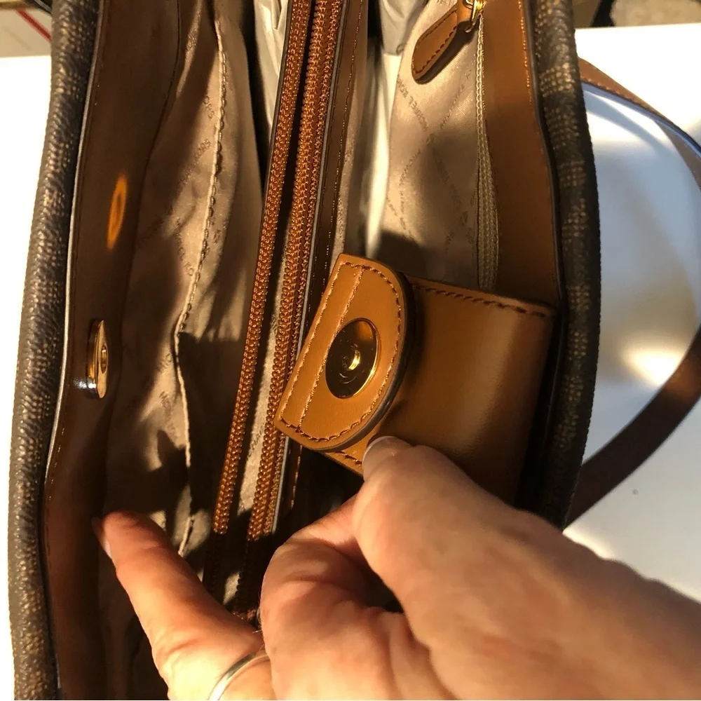 NWOT Michael Kors large logo brown and tan bag gold chain handles 10x15x5